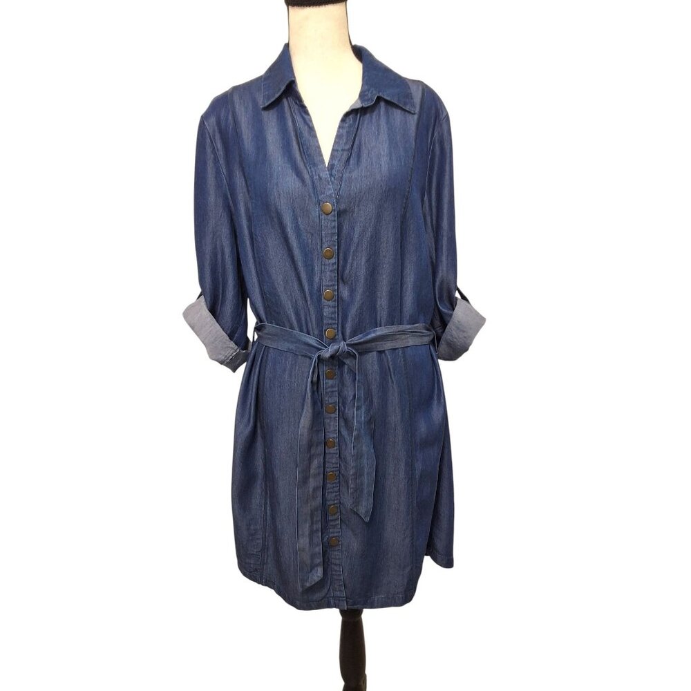 Mark. Womens Mini Denim Shirt Dress Snap Front Closure Roll-Tab Sleeves‎ Sz XL
